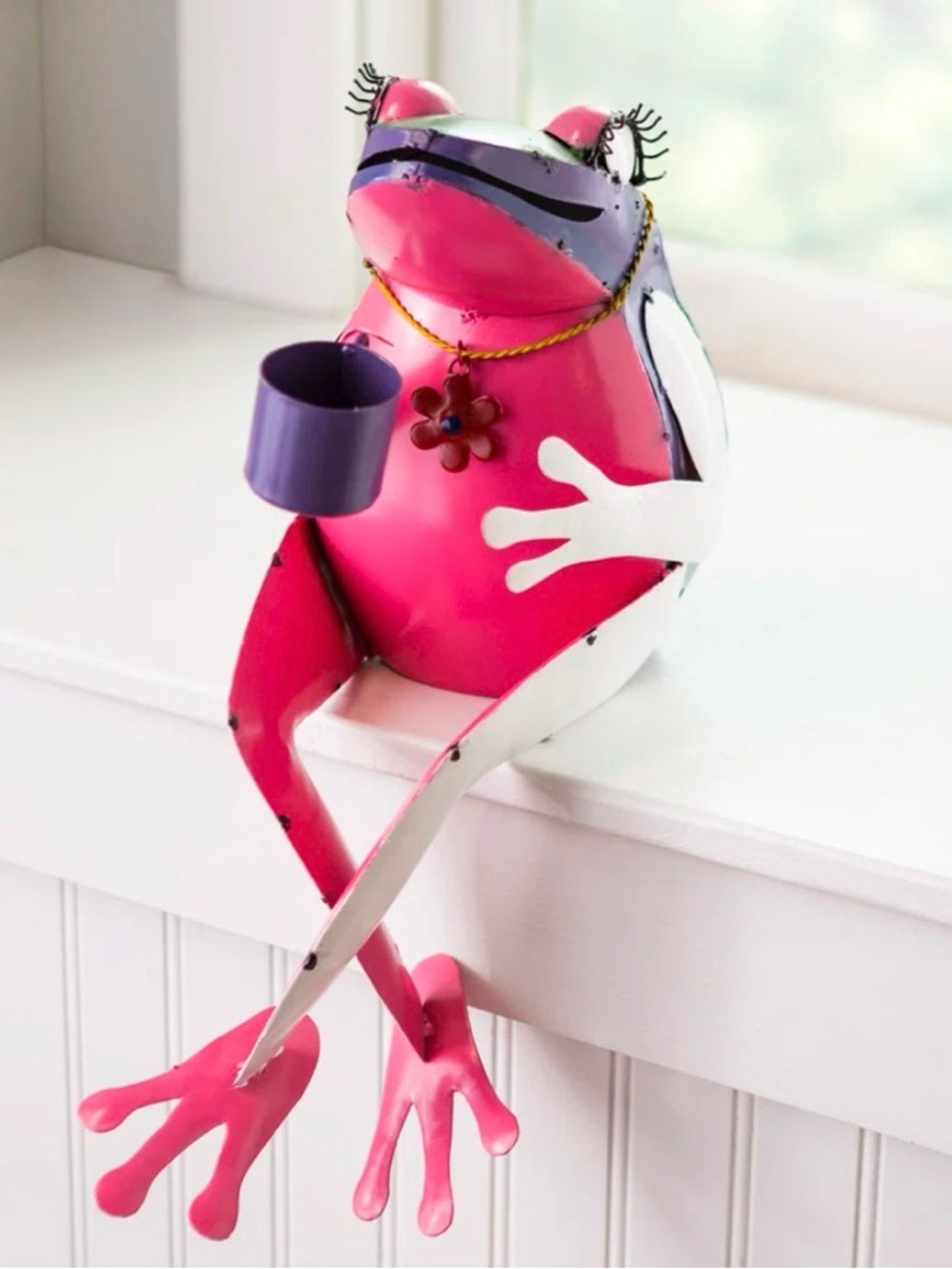 Pink Metal Frog Figurine Decorative Accent